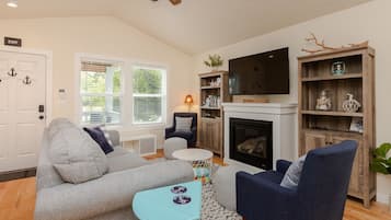 TV connectée, cheminée, livres