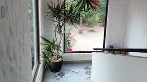 Una escalera con vistas a un jardín a través de una ventana, una lámpara colgante y una planta en maceta.