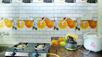 Fridge, mixer, cookware/dishes/utensils