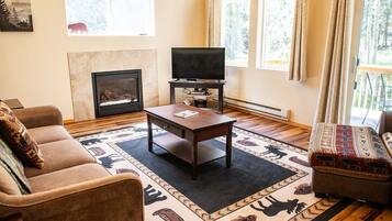 Cozy living room with a fireplace, television, and comfortable sofa.