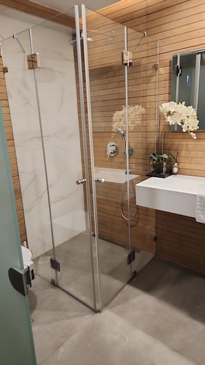 Habitación doble Deluxe | Baño | Regadera, secadora de cabello, toallas