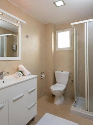 Regadera, secadora de cabello, toallas