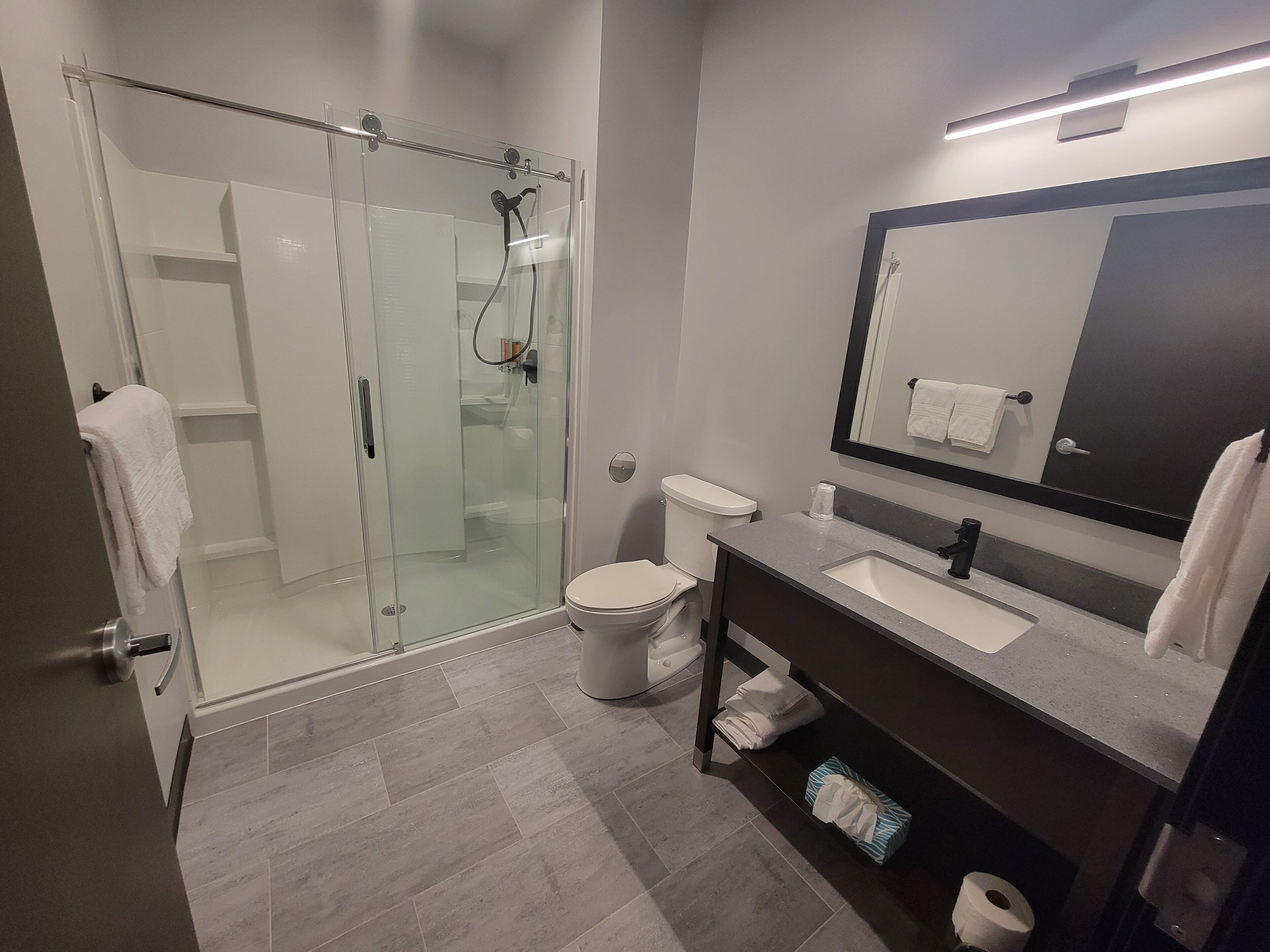 shower, rainfall showerhead, towels