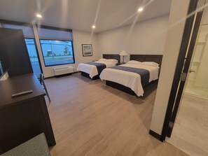 Double Queen Street View | Desk, laptop workspace, blackout drapes, iron/ironing board - Watershed Hotel (Sheboygan)
