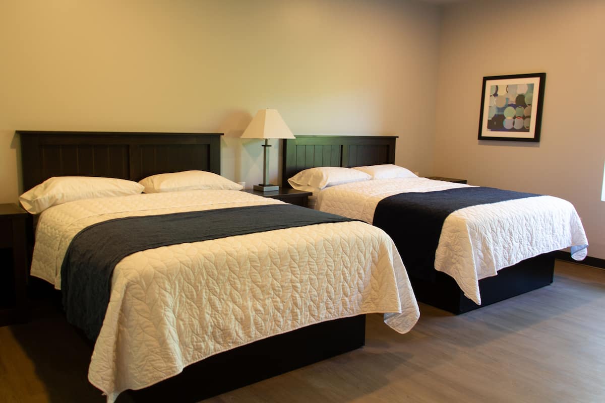 Two beds with white and dark bedding, a nightstand with a lamp, and a framed picture on the wall.