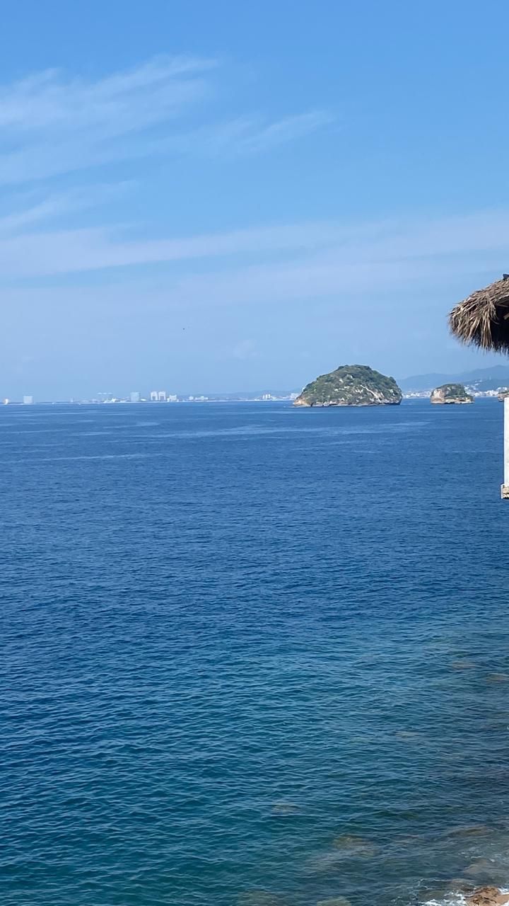 A coastal view with calm sea, a small island, and distant buildings.