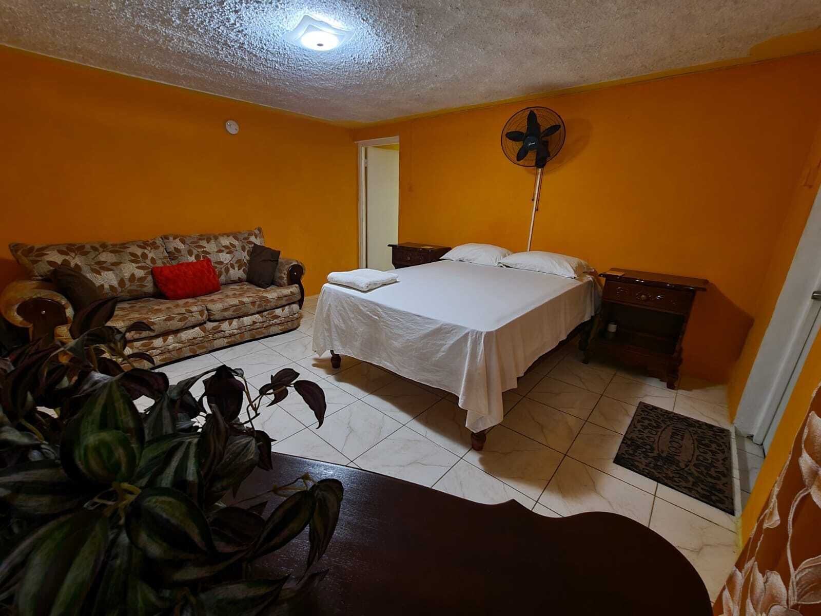 Un dormitorio con cama, mesita de noche, cómoda, ventilador y planta.