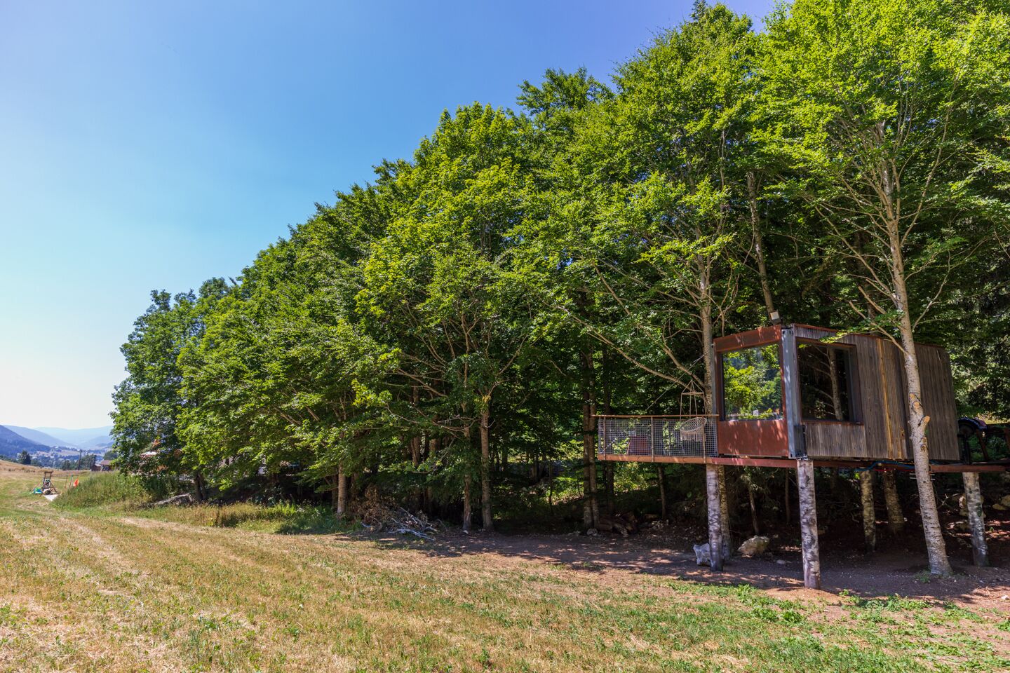 A wooden treehouse structure elevated among tall trees, with a clear sky above.