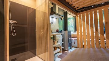 Shower, hair dryer, towels, soap