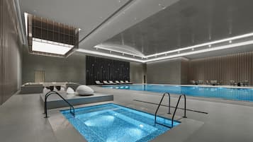 Indoor pool, open 6:00 AM to 9:30 PM, pool loungers