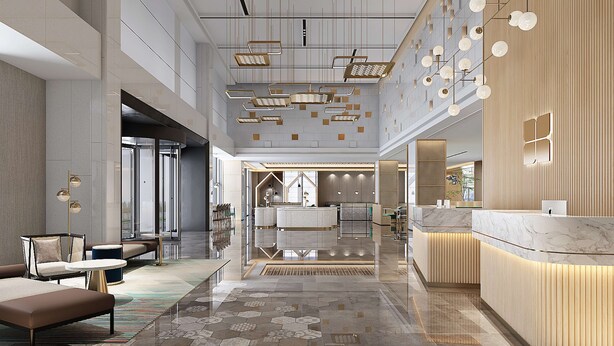 A modern hotel lobby with a reception desk, seating area, and a view of the kitchen in the background. - Hilton Garden Inn Liaocheng Jiangbei Shuicheng (Liaocheng)