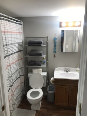 A compact bathroom with a shower curtain, a toilet, a shelf with towels, a mirror, and a sink. - Clearwater Lake, cabin minutes from Bluff View Marina & boat dock (Piedmont)