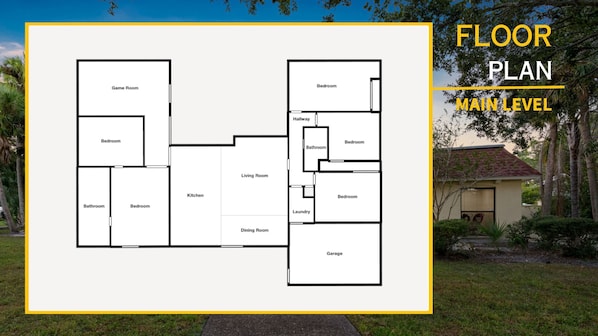 Een plattegrond van een tweelaags huis met een speelkamer, meerdere slaapkamers, een keuken, een woonkamer, een eetkamer, een badkamer, een gang, een wasruimte en een garage.