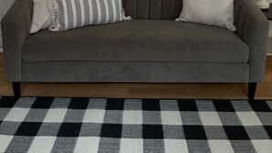 A grey sofa with striped pillows and a black and white checkered rug.