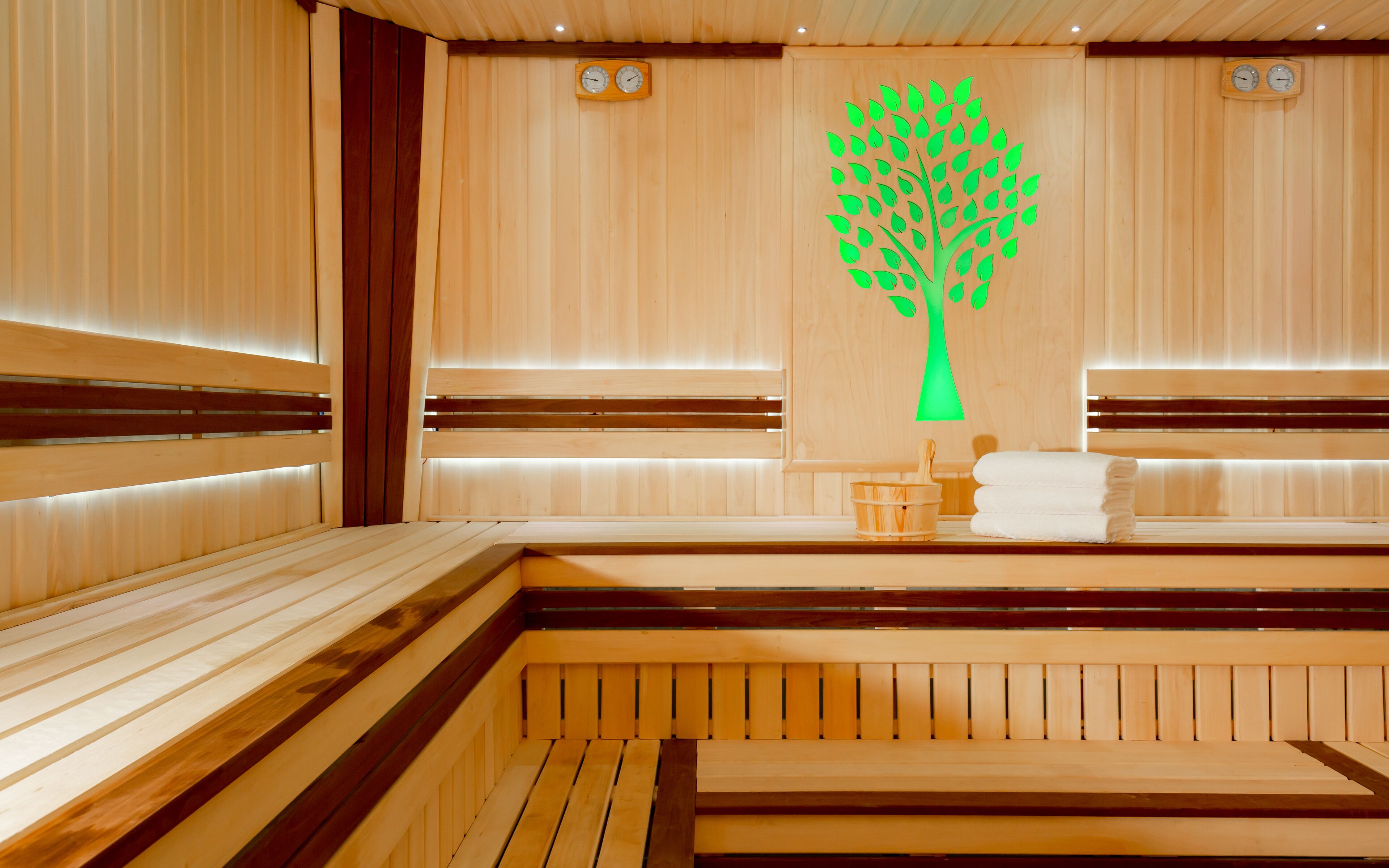 A sauna with wooden benches, a wooden wall with a green tree design, and two clocks.