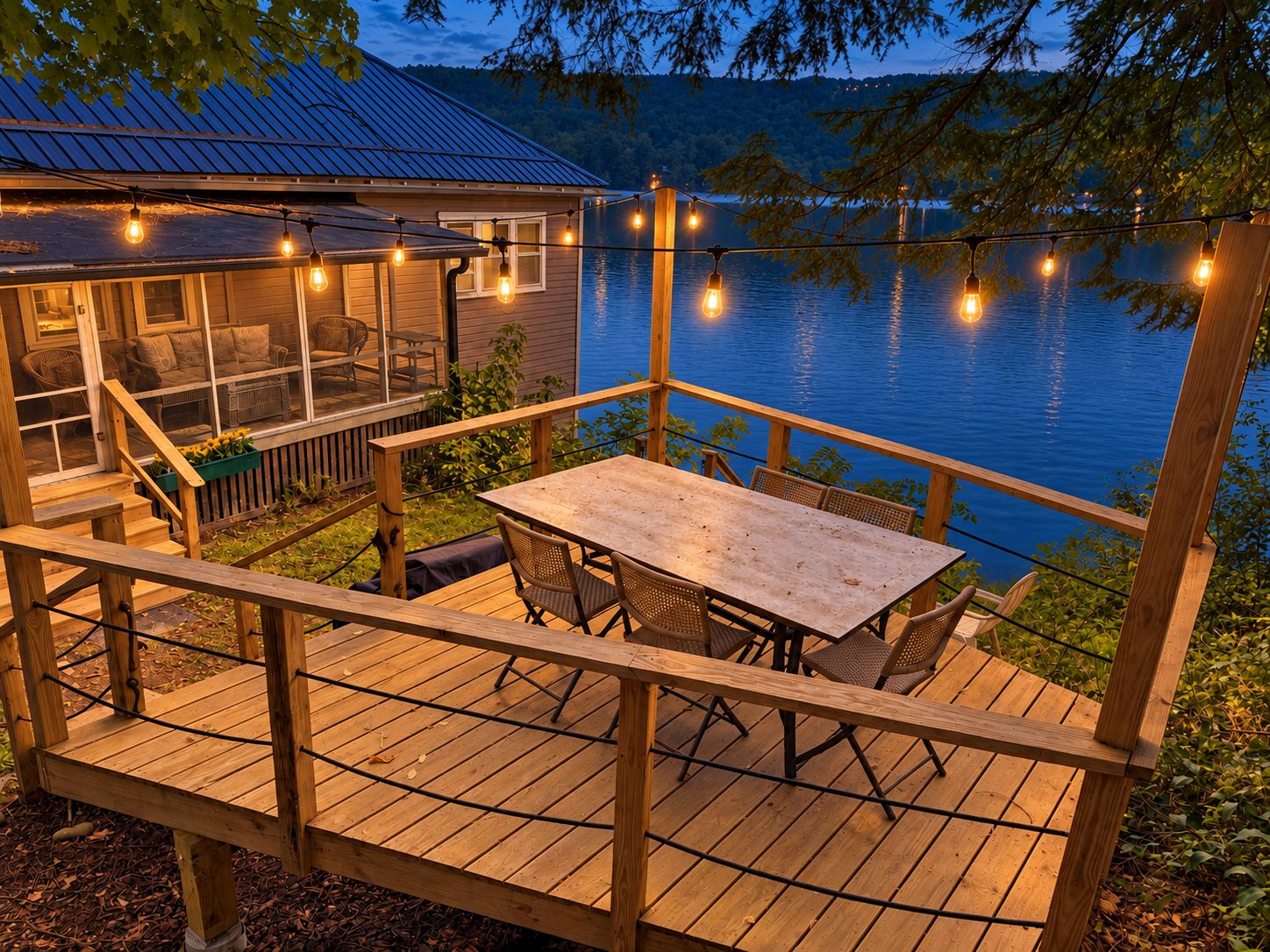 Una terraza de madera con mesa y sillas, con vista a un lago.