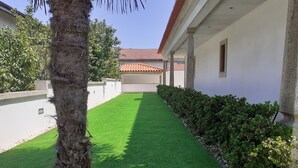 Een binnenplaats met kunstmatig groen gras, een palmboom en een rij struiken aan de rechterkant.