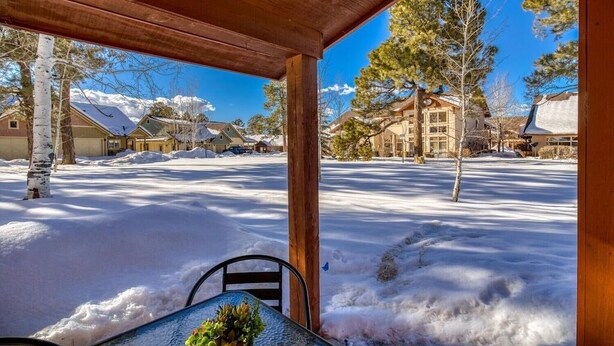 A covered outdoor area with a wooden roof, a table with a plant, and a view of snow-covered houses and trees. - NEW Condo in Core Area! (Pagosa Springs)