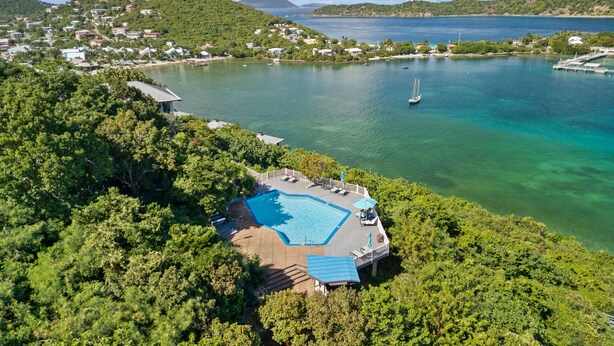 An aerial view of a coastal property with a swimming pool, lush greenery, and a clear view of the sea. - Point Pleasant - Perfect Romantic Getaway - 3 Pools/Intimate Beach (St Thomas)