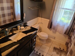 Une salle de bain avec des toilettes blanches, un lavabo noir doté d’un plan de travail en marbre et un miroir au-dessus du lavabo.