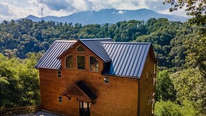 Uma cabana de madeira com telhado de metal, rodeada por uma floresta exuberante e montanhas ao fundo.