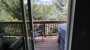 Vue depuis l’intérieur d’une pièce sur une terrasse avec une chaise et une table, une rambarde en bois et des arbres en arrière-plan.