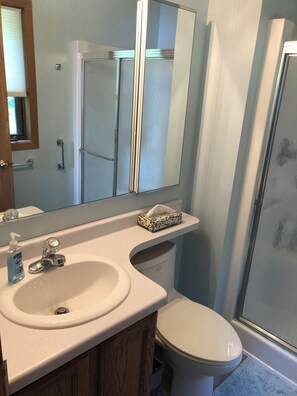 Ein Badezimmer mit Waschbecken, Spiegel, Toilette und Duschbereich.