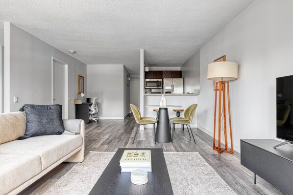 TV, stereo - Hip Gold Coast Studio w/ Deck, Gym & Lounge, 1 block to L, by Blueground (Chicago)