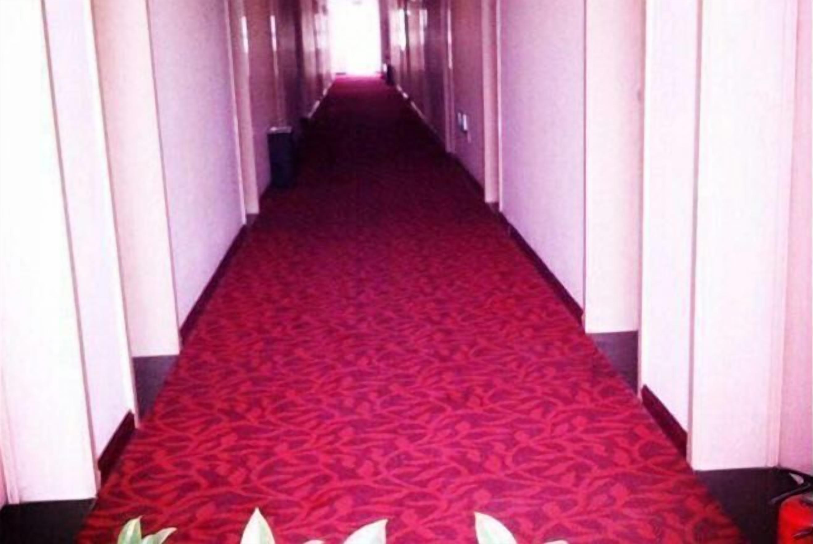 A long, narrow hallway with a red carpet and white walls.
