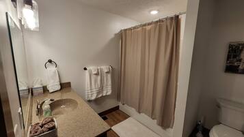 Een badkamer met een wastafel, spiegel, handdoekhouder, douchegordijn en toilet.