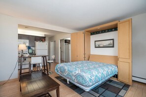Une petite chambre comprenant un lit, un bureau et une kitchenette.
