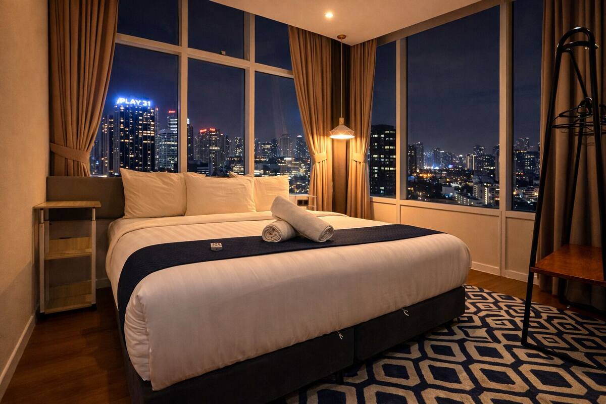 Une chambre d’hôtel avec un grand lit, une table de chevet, une lampe et une vue sur le paysage urbain illuminé la nuit.