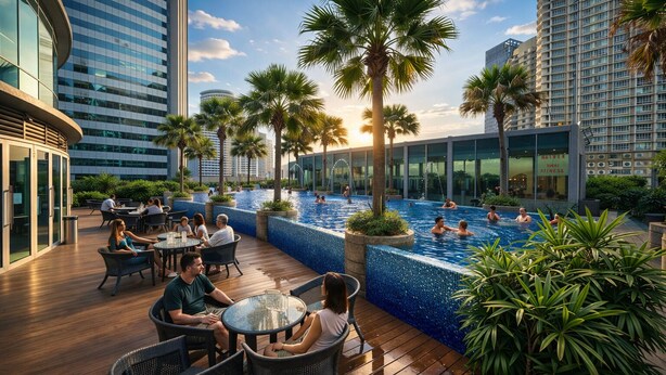 A rooftop pool area with people swimming and relaxing, surrounded by palm trees and modern buildings. - Vortex Suites KLCC by Luna (Kuala Lumpur)