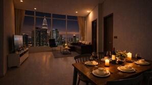 A modern dining room with a city view, a television, and a cozy seating area. - Vortex Suites KLCC by Luna (Kuala Lumpur)