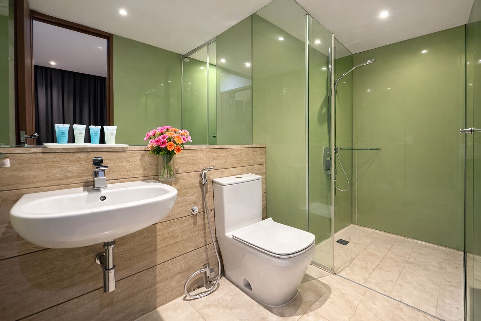 A modern bathroom with a glass shower enclosure, a white sink, and a toilet.