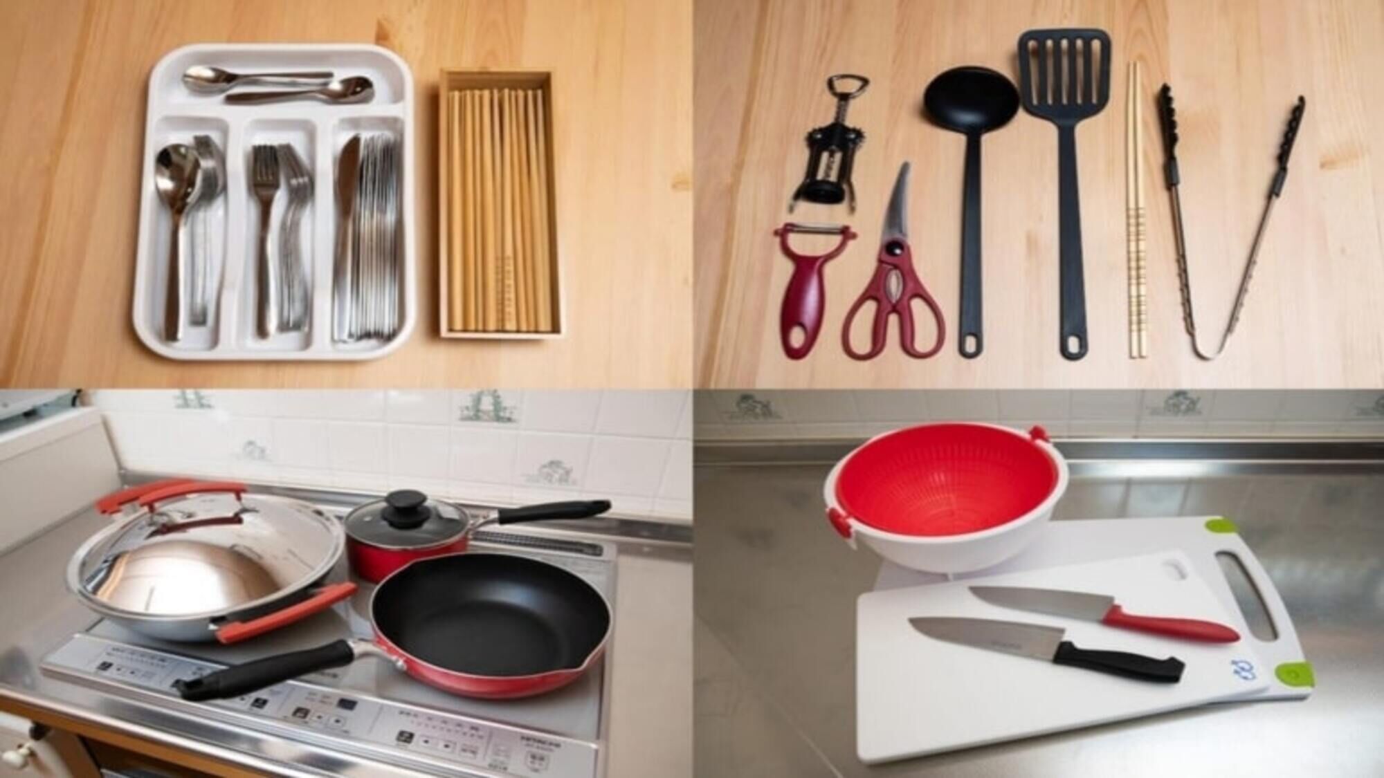 A kitchen with a stove, pots, a red pan, a white cutting board, and a red colander.