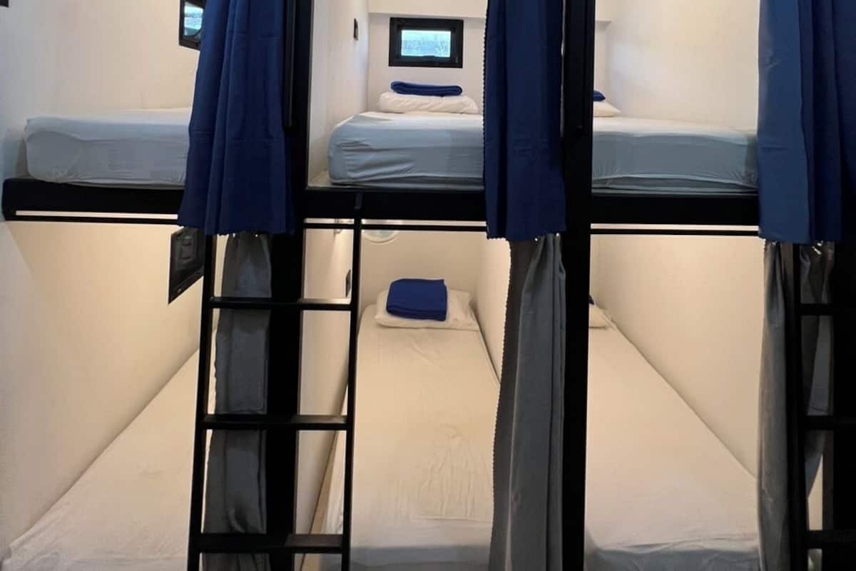Une chambre avec un lit superposé, une échelle, un petit bureau et une fenêtre.