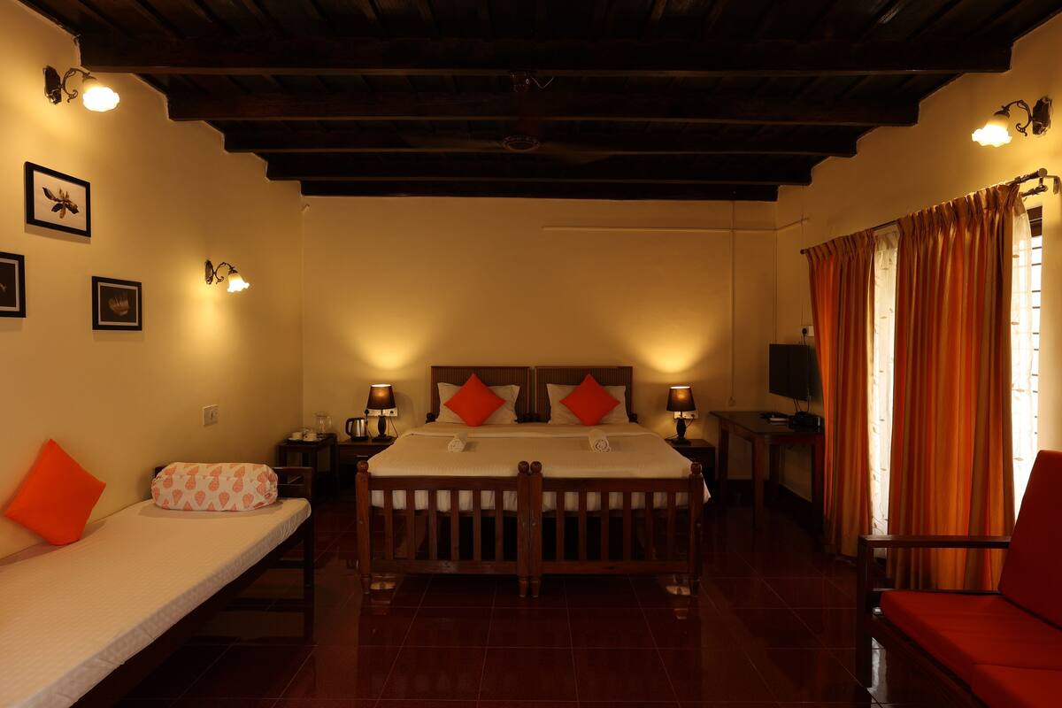 Un dormitorio con cama, sofá, televisor y ventana con cortinas.