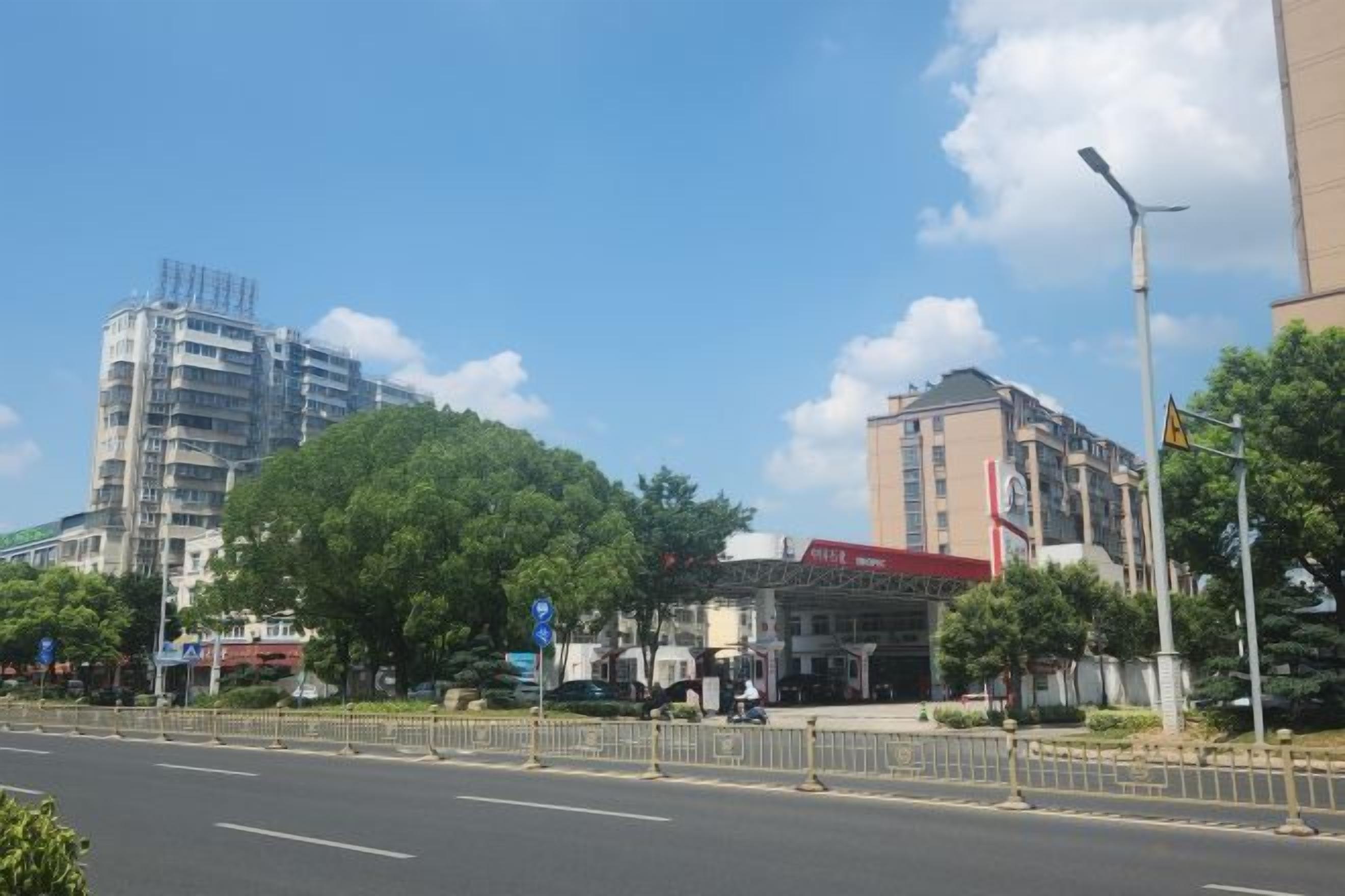 A multi-story building with a flat facade, a large tree in front, and a clear sky.
