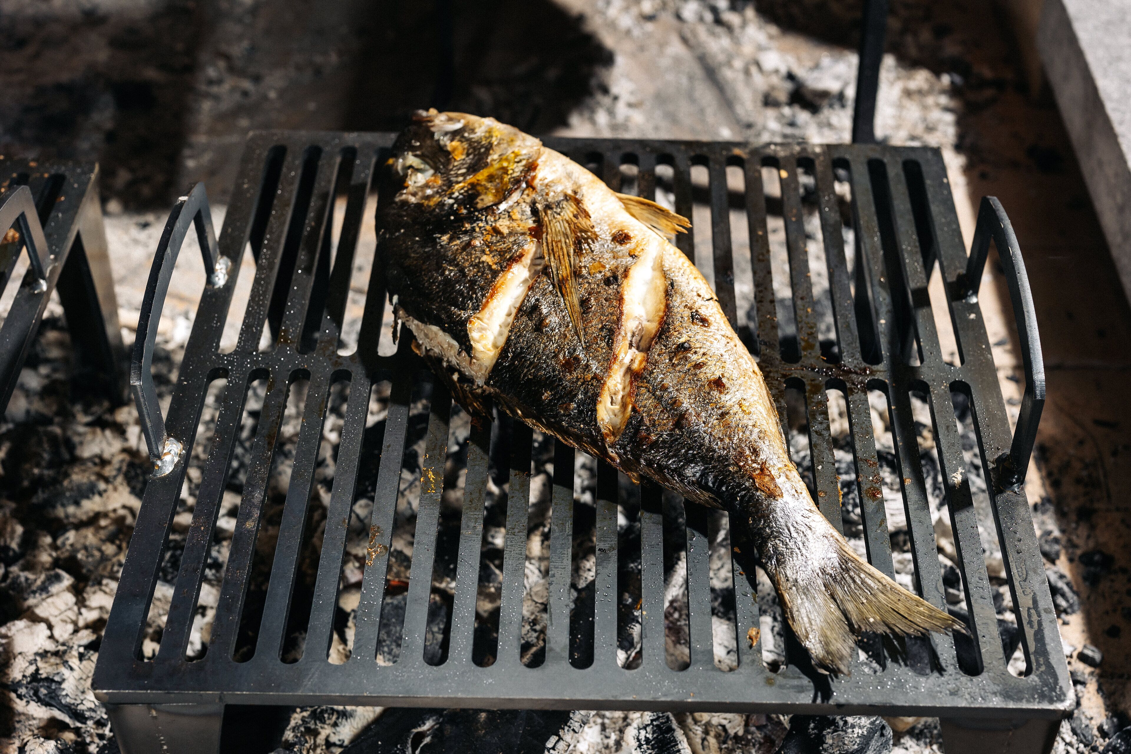 A grilled fish on a metal rack over charcoal.