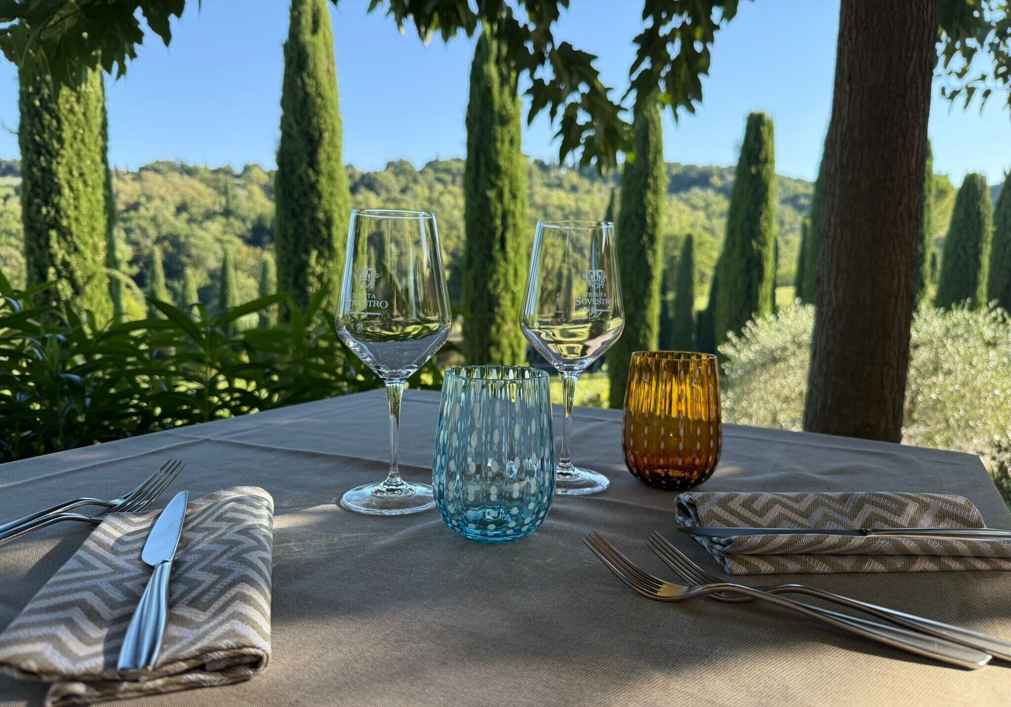 A table set outdoors with wine glasses and cutlery, surrounded by greenery and trees.