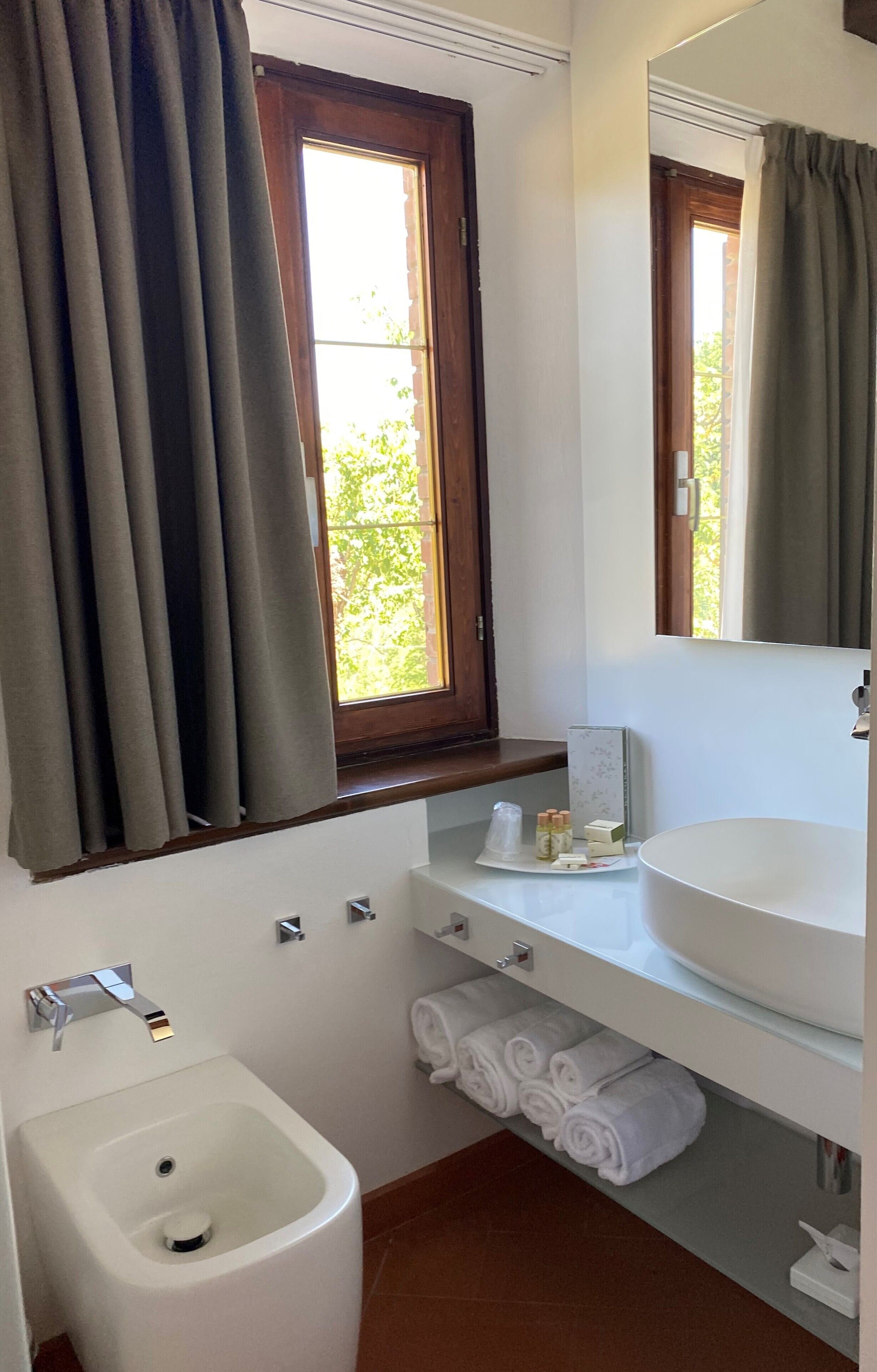 Een badkamer met een bidet, een wastafel, een spiegel en een raam met gordijnen.