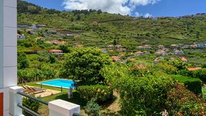 A hillside view of a residential area with houses, a swimming pool, and lush greenery.