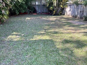 Enjoy a serene outdoor space with a lush lawn and a secure fence.