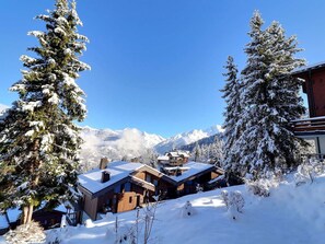 A snow-covered lodge with a mountain backdrop, wooden exterior, and multiple windows.