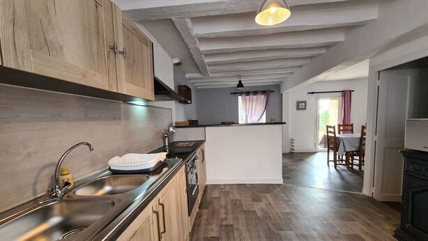 Una cocina moderna con armarios de madera, un lavamanos de acero inoxidable y una isla central.