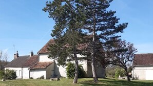 A house with a sloped roof, a well-maintained lawn, and a large tree in the front yard.