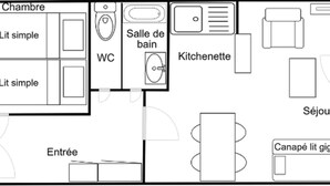Distribución de una habitación de hotel con dormitorio sencillo, aseo, kitchenette, balcón, zona de estar y entrada.