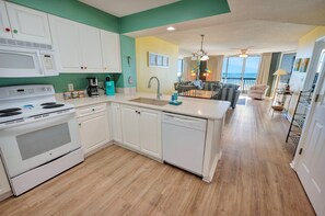 Full-size fridge, microwave, coffee/tea maker, toaster