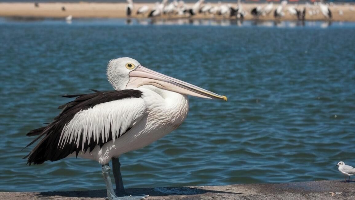 A pelican standing by a body of water.